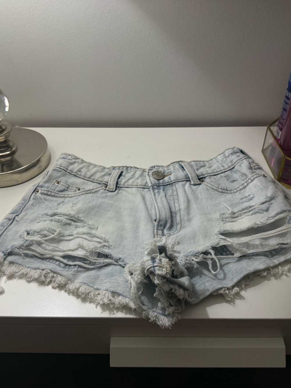 Light Blue Distressed Denim Shorts - Women's Casual Summer Cutoffs